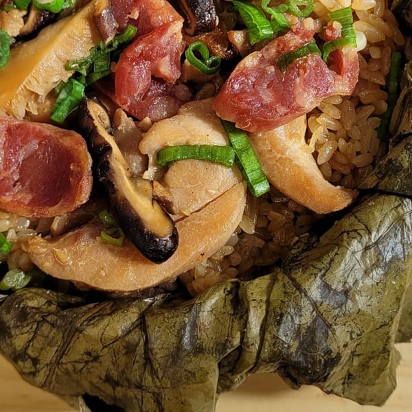 Close-up of Brooklyn Dim Sum Co's sticky rice with sausage, chicken, mushrooms, and scallions, wrapped in a lotus leaf.