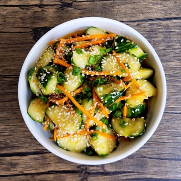 A white bowl of cucumber salad with shredded carrots, green onions, and sesame seeds on a wooden table.